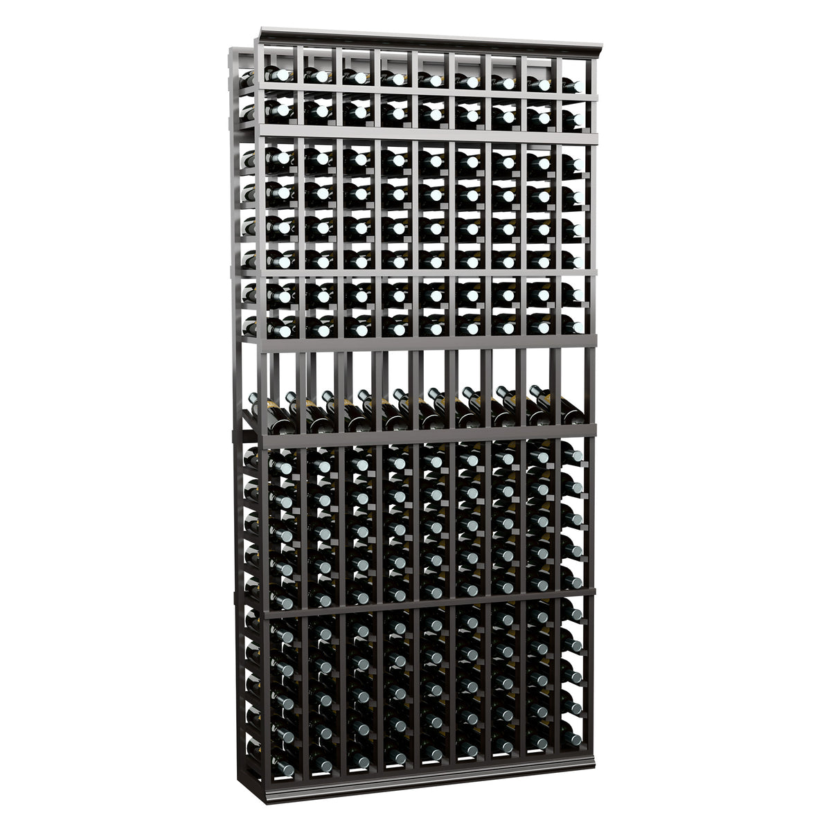 9-column wine bottle display rack with dark metal frame and lighter top rail