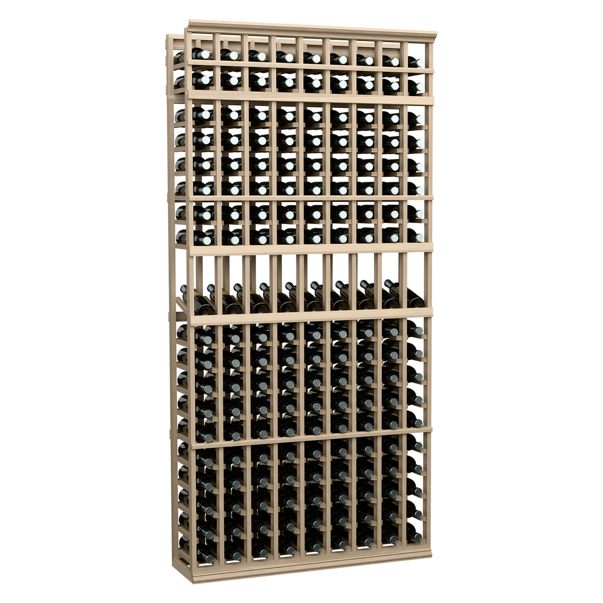 9-column wine bottle display rack with vertical wooden slots and dark bottles