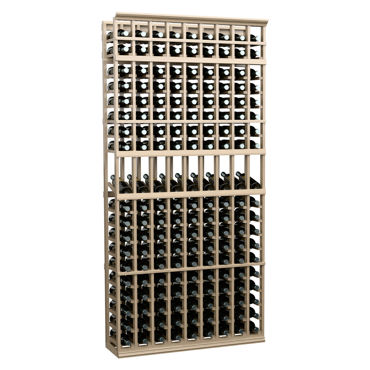 9-column wine bottle display rack with light wood dividers holding dark bottles