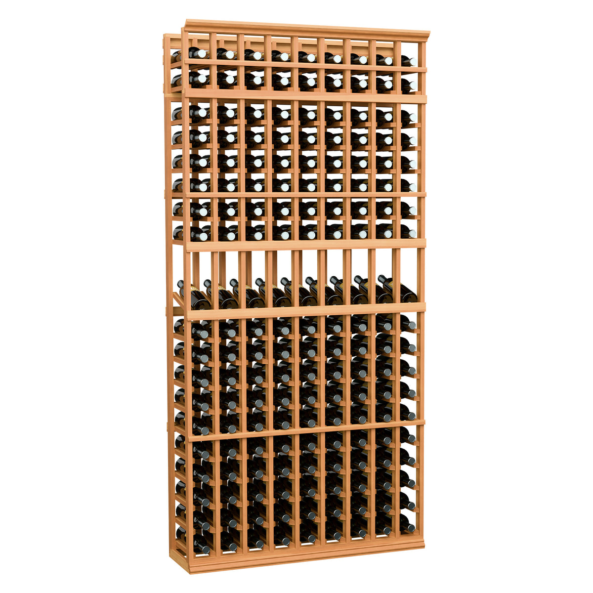 9-column wine bottle display rack in warm wood finish with dark bottles in slots