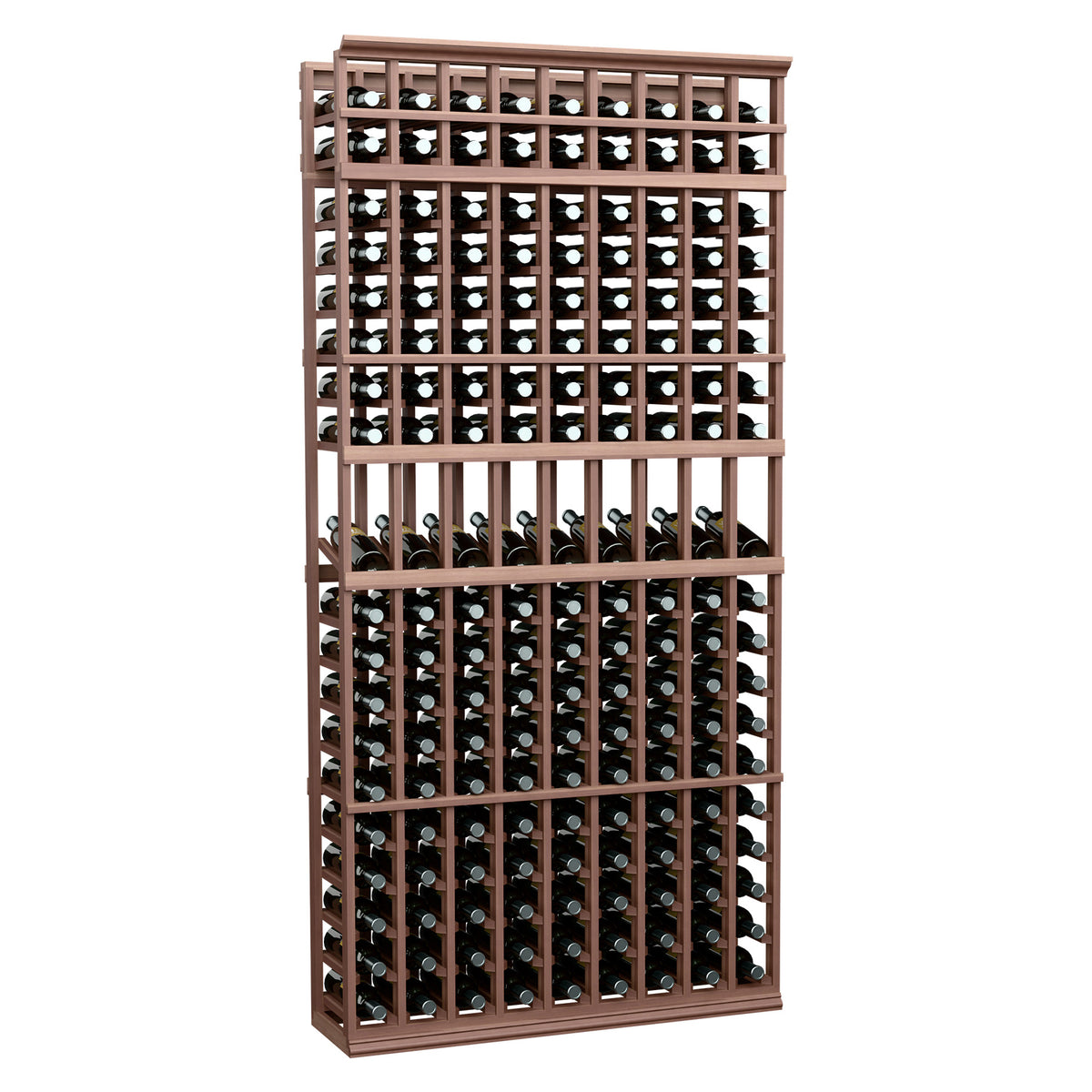 9-column wine bottle display rack in dark wood finish with dark bottles in grid slots