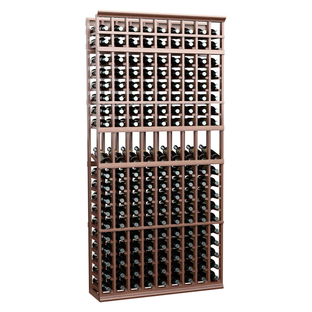 9-column wine bottle display rack in espresso-toned wood with dark bottles on display