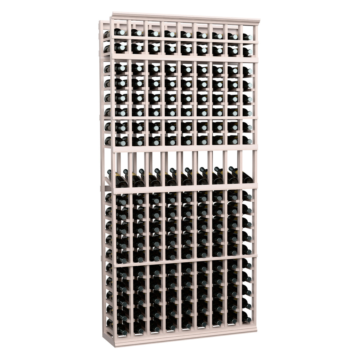 9-column wine bottle display rack with pale wood dividers and dark bottles in rows