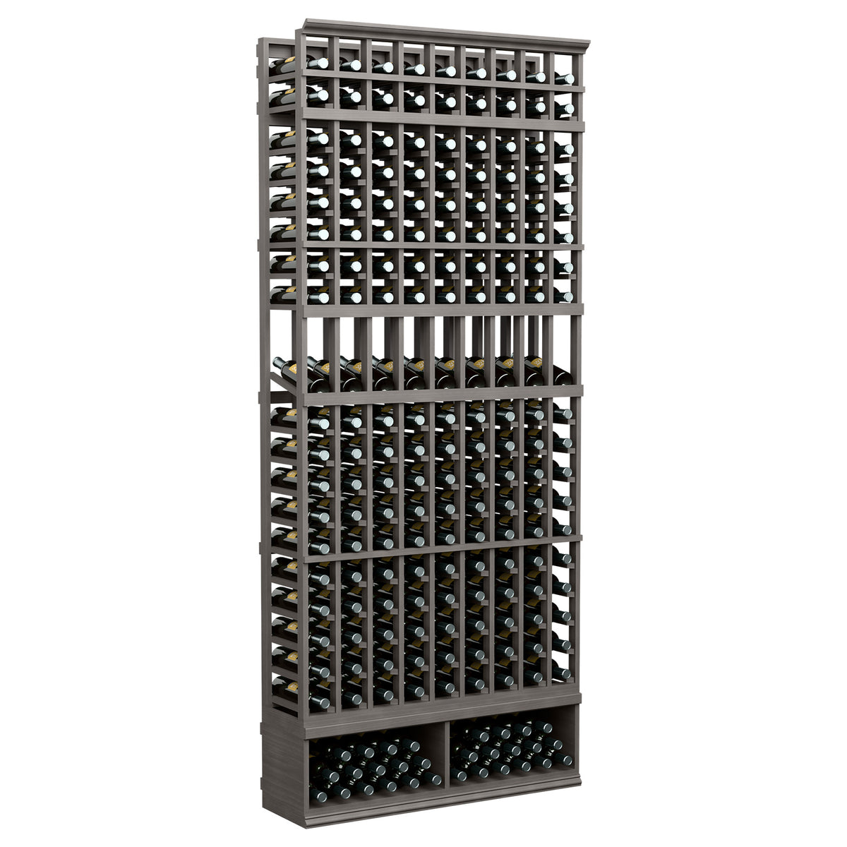 Dark wood 9-column wine bottle display rack with multiple bottle slots, front view