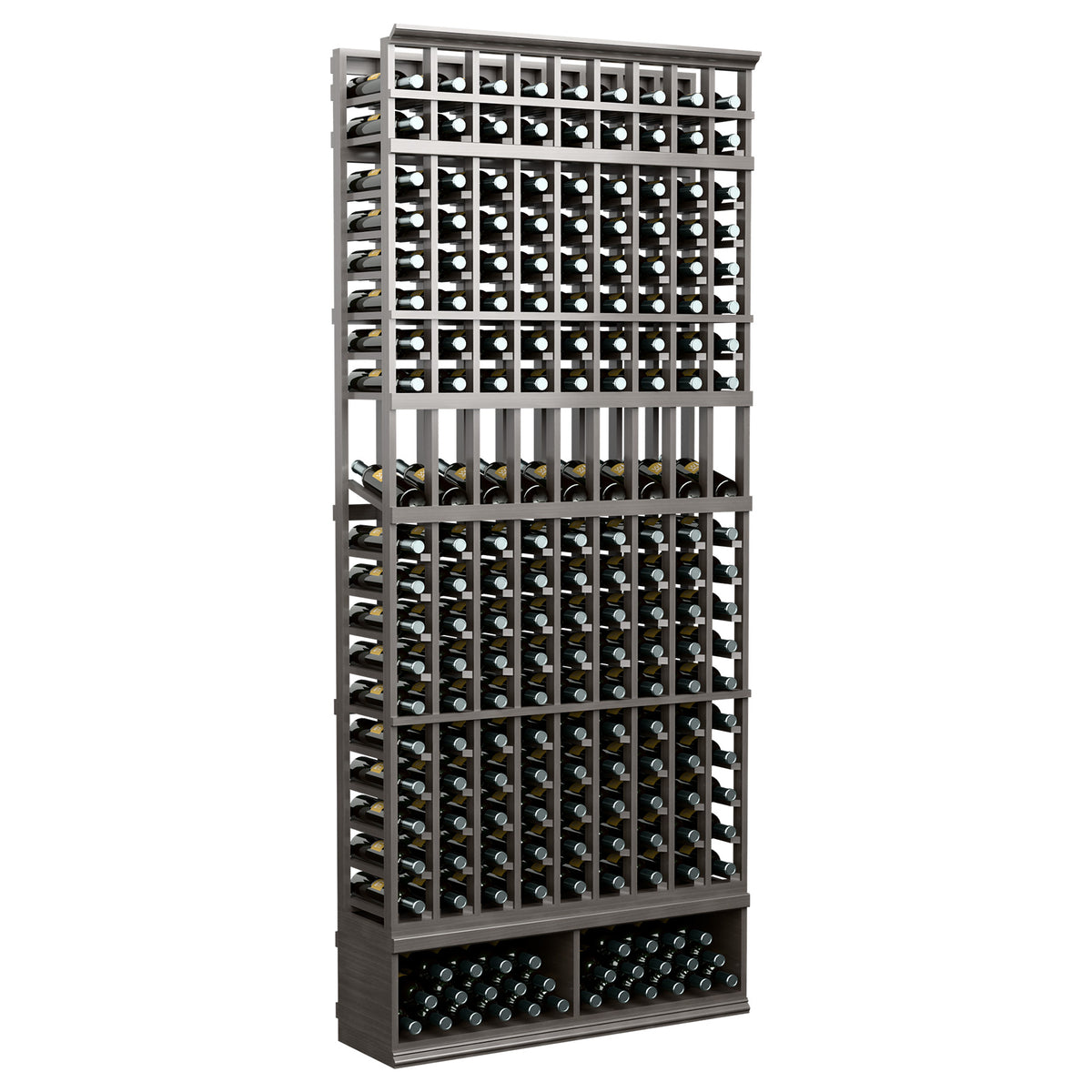 Dark gray 9-column wine bottle display rack with bottle slots and empty top grid, front