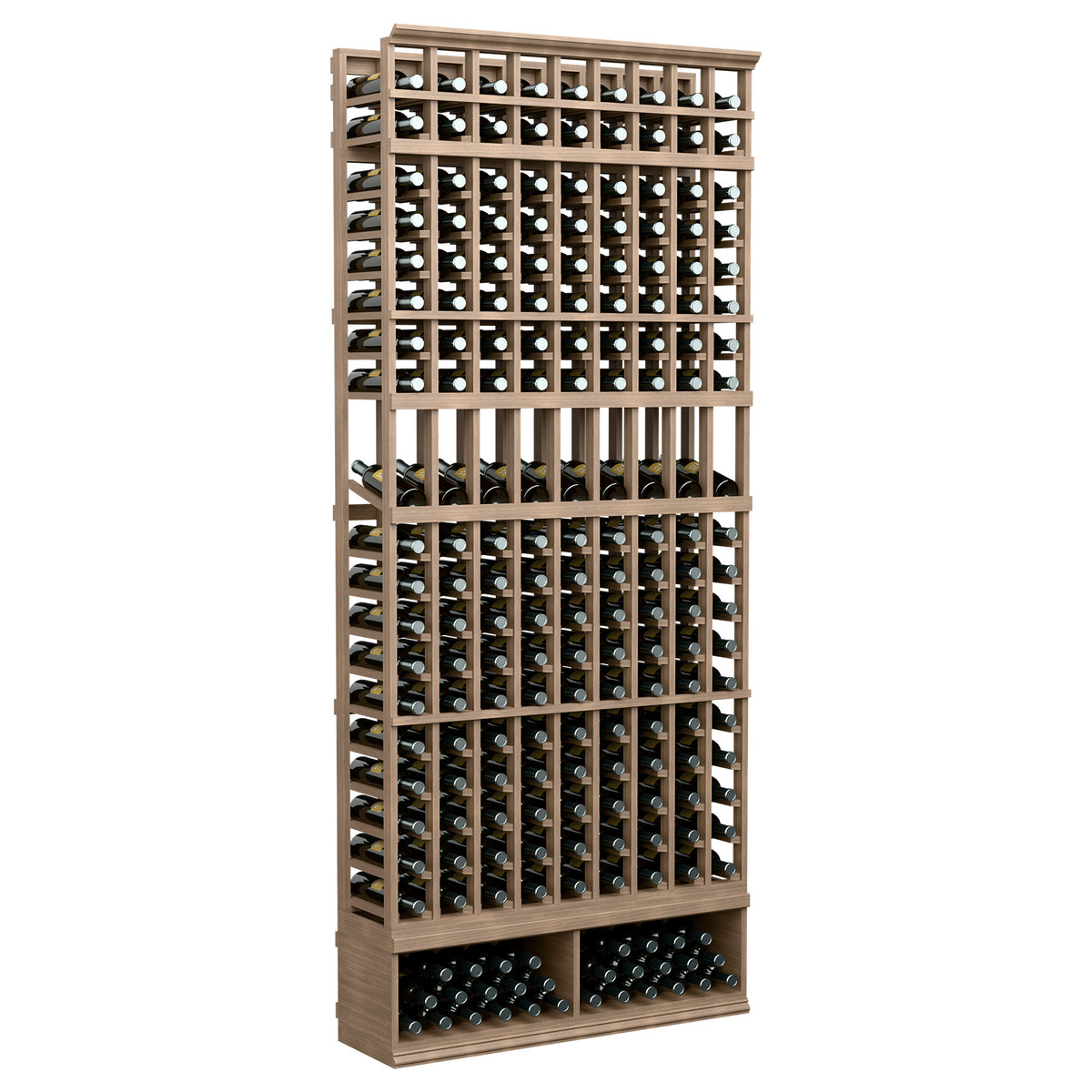 Medium wood 9-column wine bottle display rack with bottle slots, front view