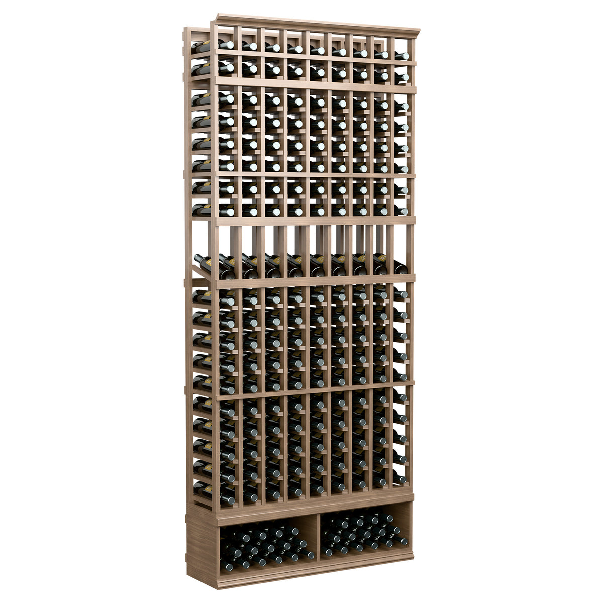 Medium-toned wood 9-column wine bottle display rack with bottle slots and base row