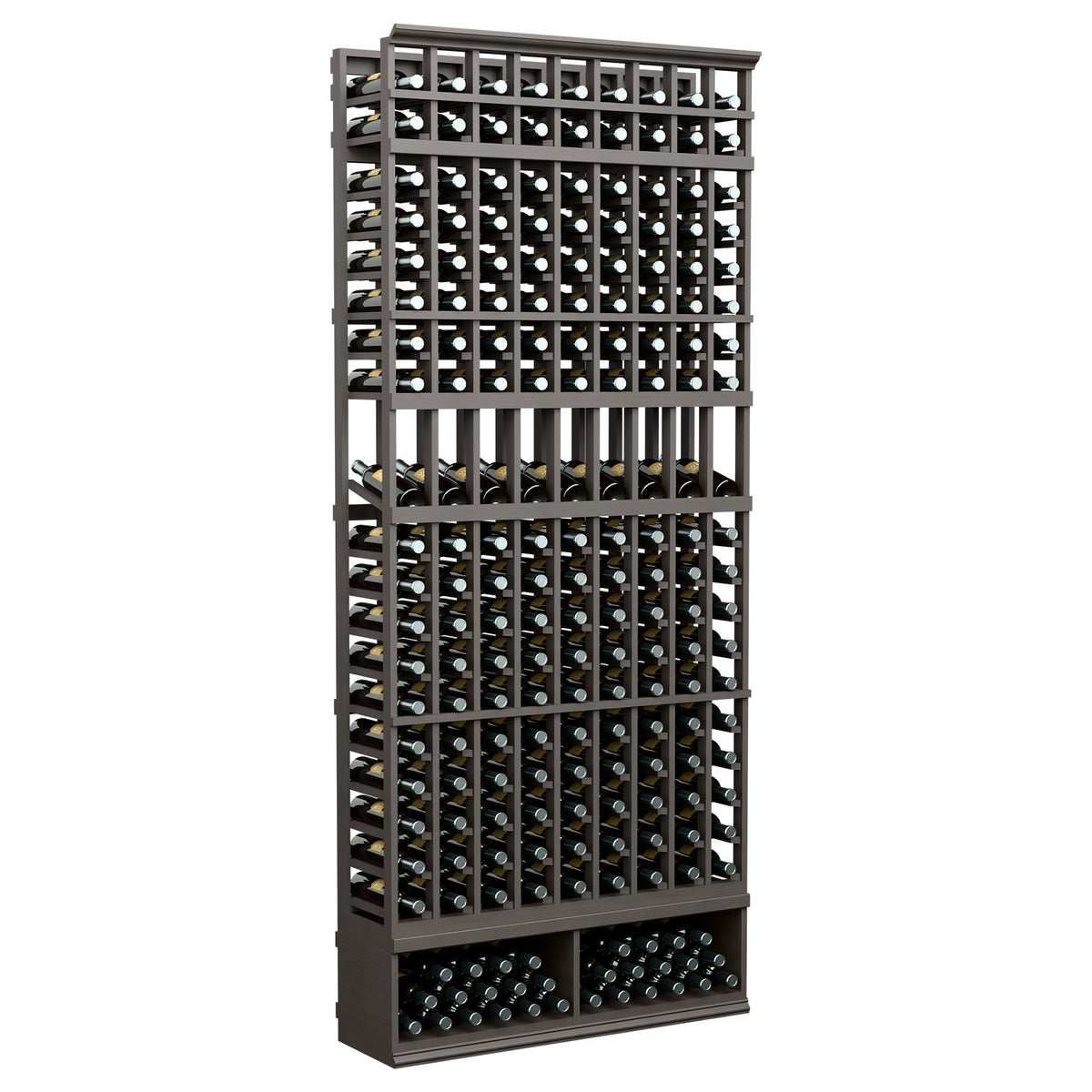 Dark wood 9-column wine bottle display rack with multiple bottle slots, front view