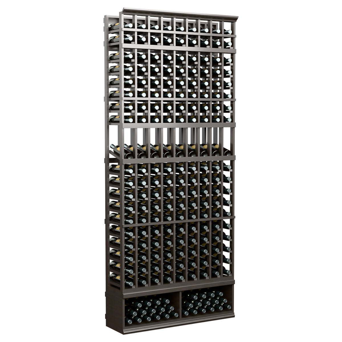 Dark gray wood 9-column wine bottle display rack with bottle slots, front view