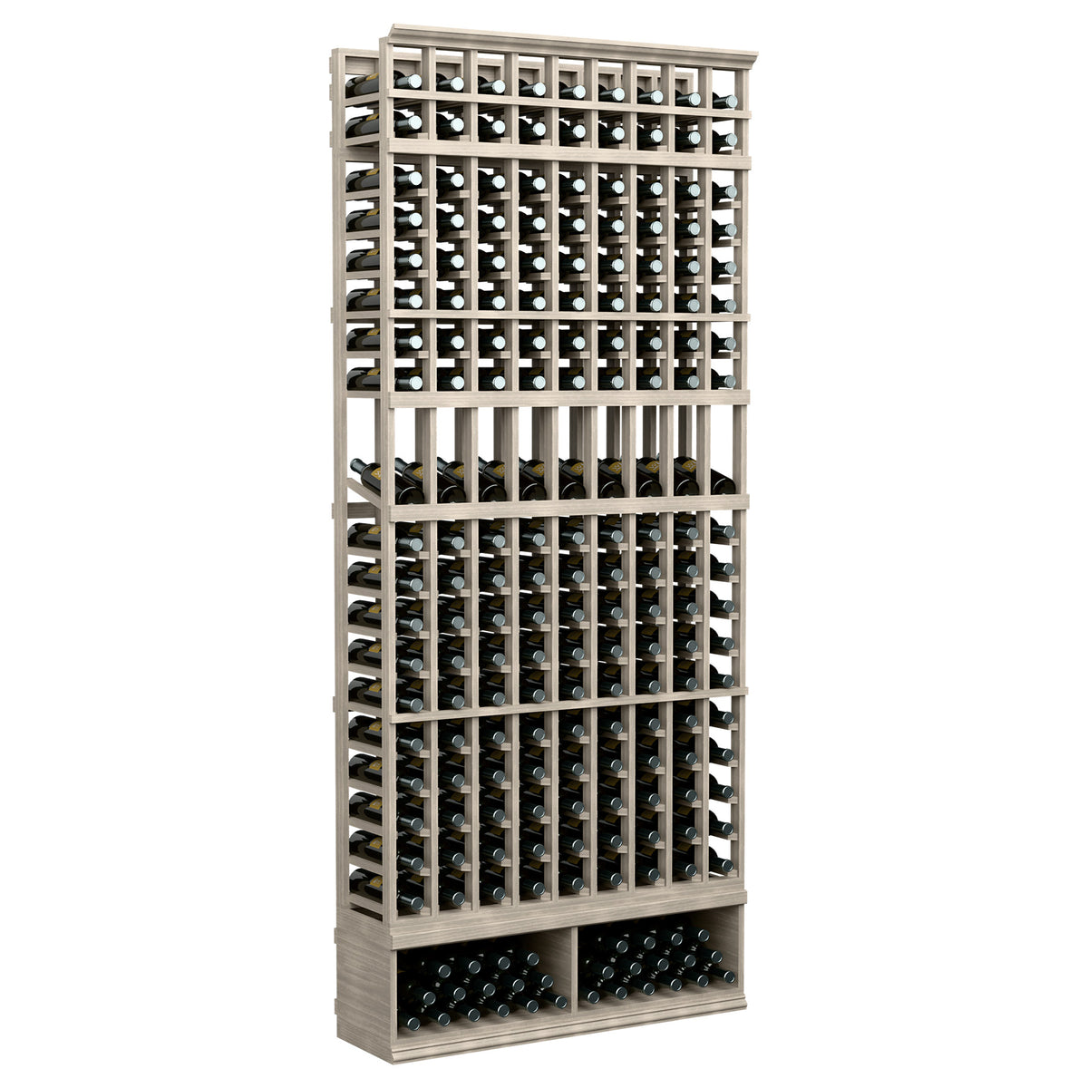 9-column 8-ft wine bottle display rack, whitewashed gray wood with open bottle grid
