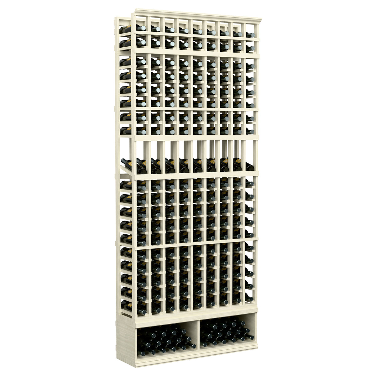 9-column 8-ft wine bottle display rack, off-white wood with open bottle grid