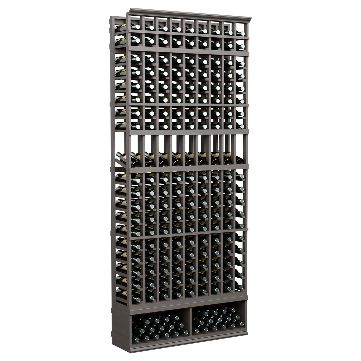 Dark wood 9-column wine bottle display rack, front view with grid slots and base shelf