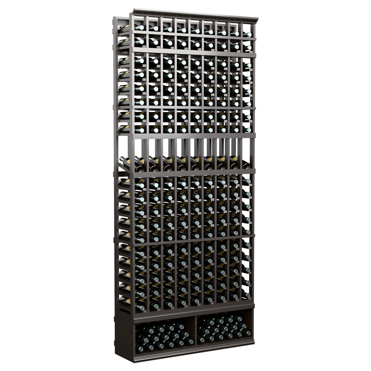 Charcoal/black 9-column wine bottle display rack, front grid slots and base shelf