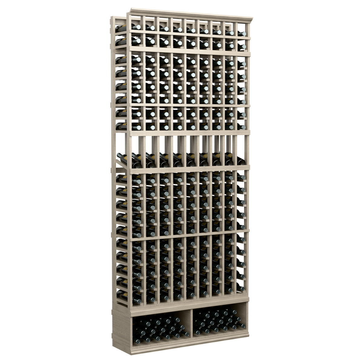 9-column wine bottle display rack, light gray wood frame, bottle slot grid
