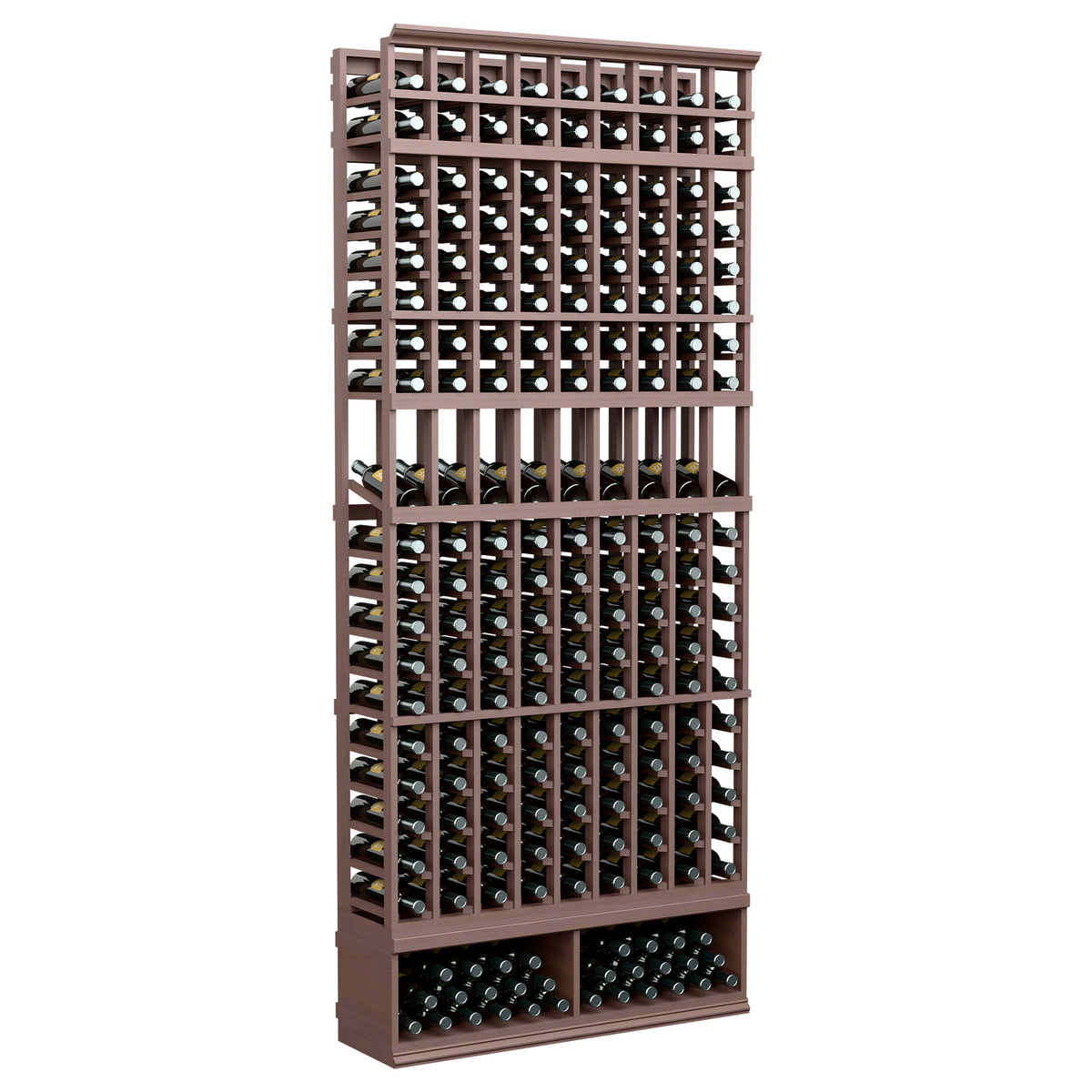 9-column wine bottle display rack, dark wood frame, bottle slot grid