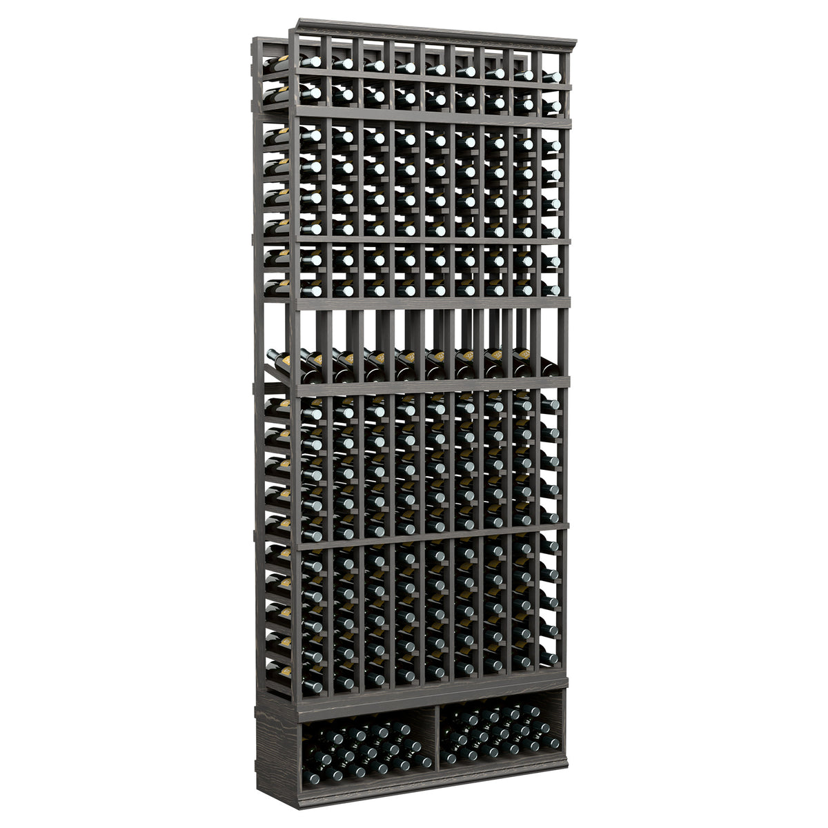 9-column wine bottle display rack with black wood frame and bottle holder grids