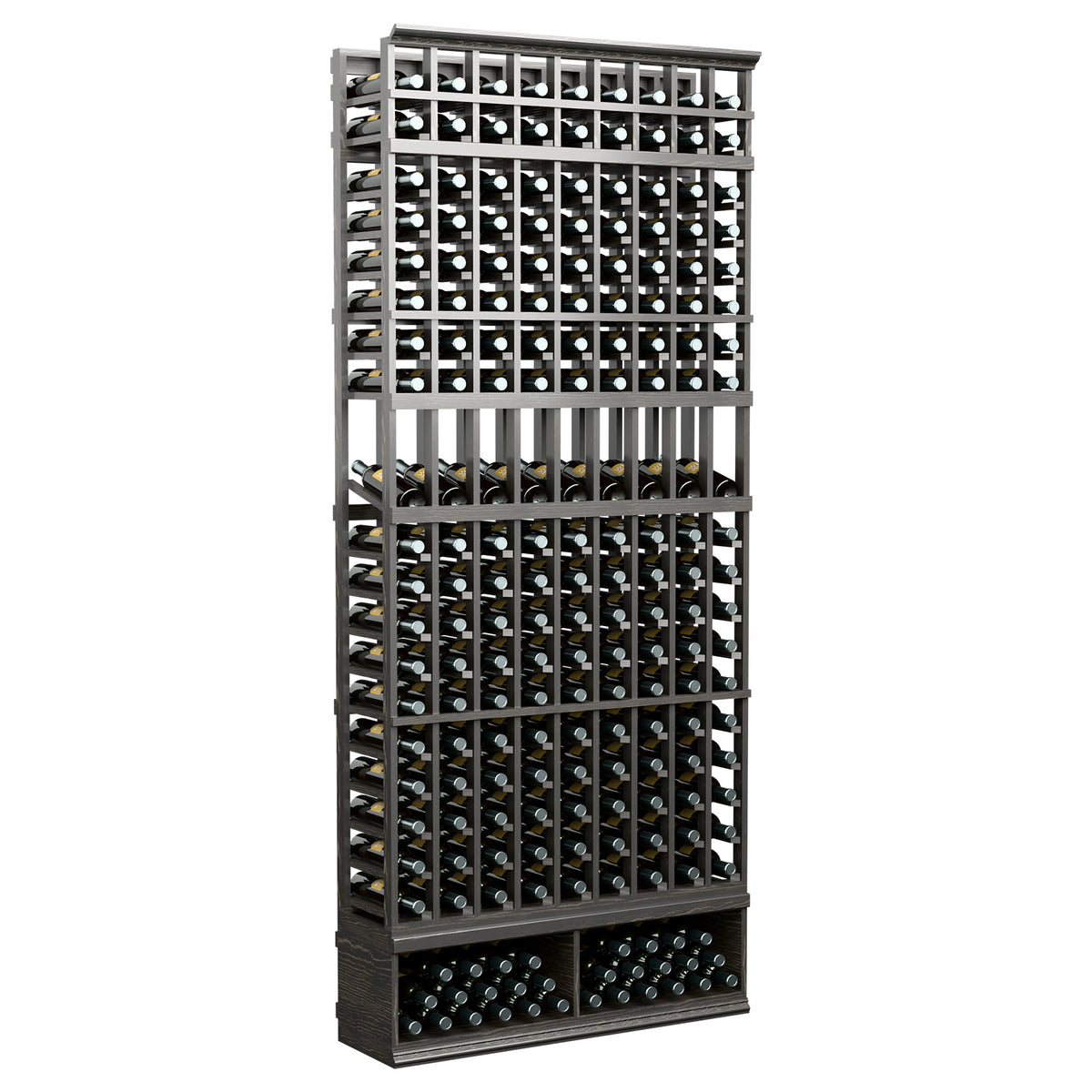 9-column wine bottle display rack with dark wood frame and bottle rows in grid