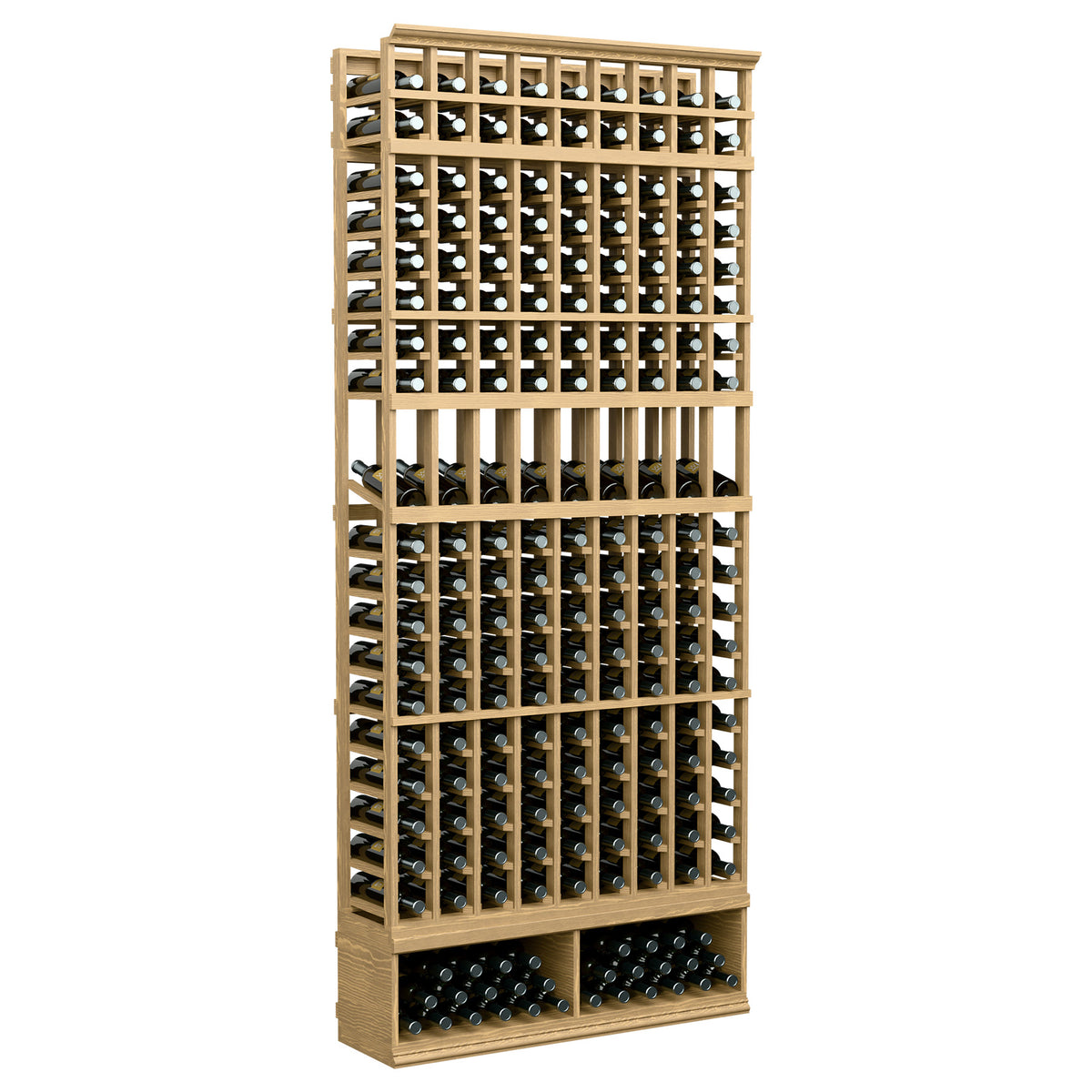 9-column wine bottle display rack with light tan wood frame and bottle display grid