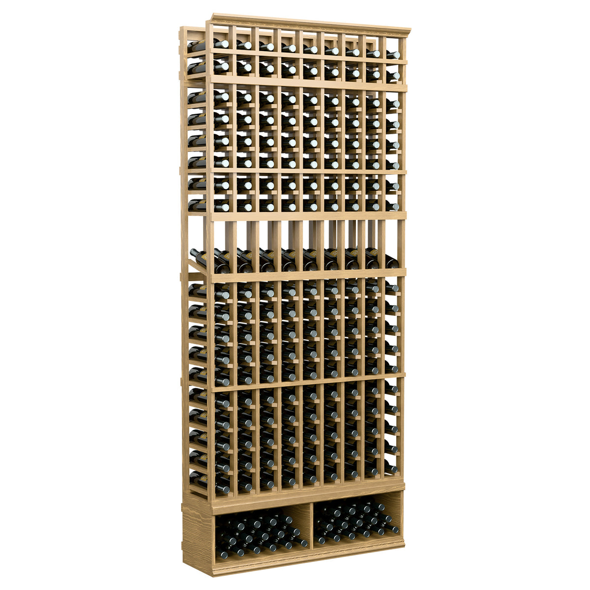 9-column wine bottle display rack with natural wood frame and bottle holder compartments