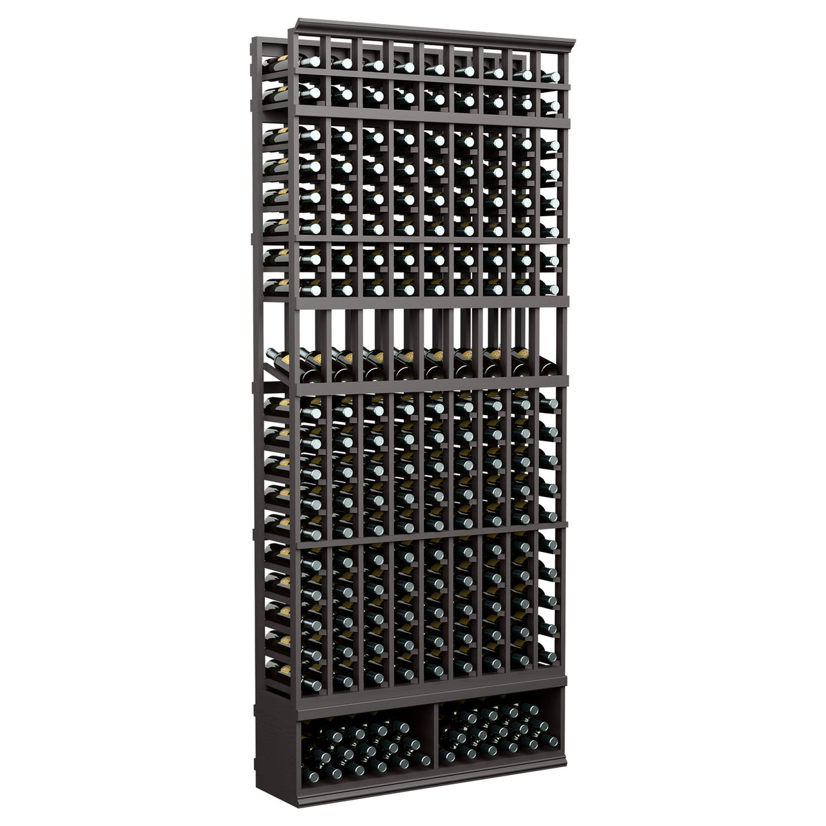 9-column wine bottle display rack with dark gray wood frame and bottle holder grids
