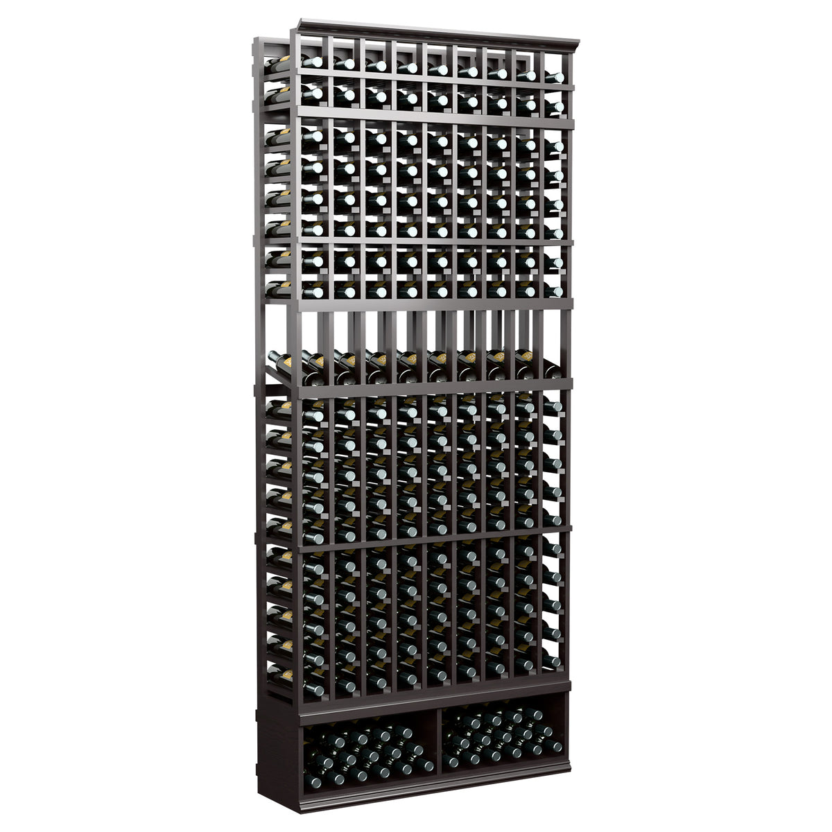 9-column wine bottle display rack with black wood frame and bottle display grid