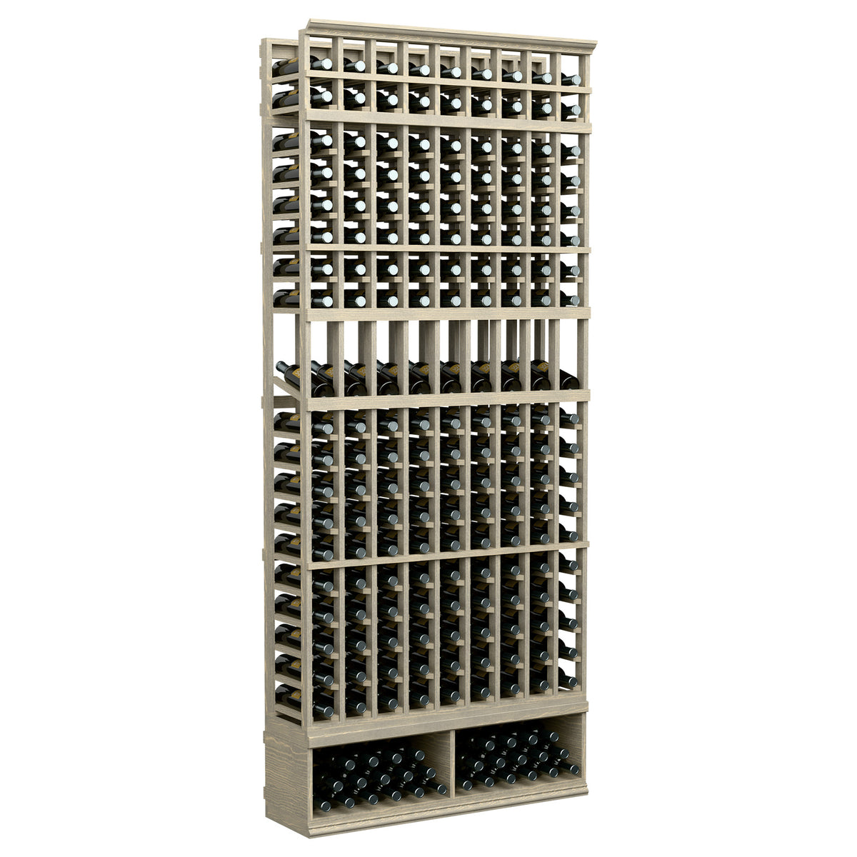 9-column wine bottle display rack, light wood grid shelves with bottles