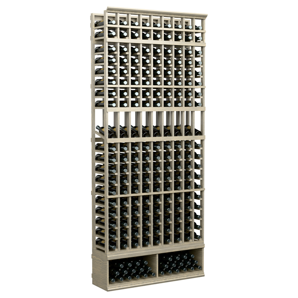 9-column wine bottle display rack, light wood with open bottle compartments