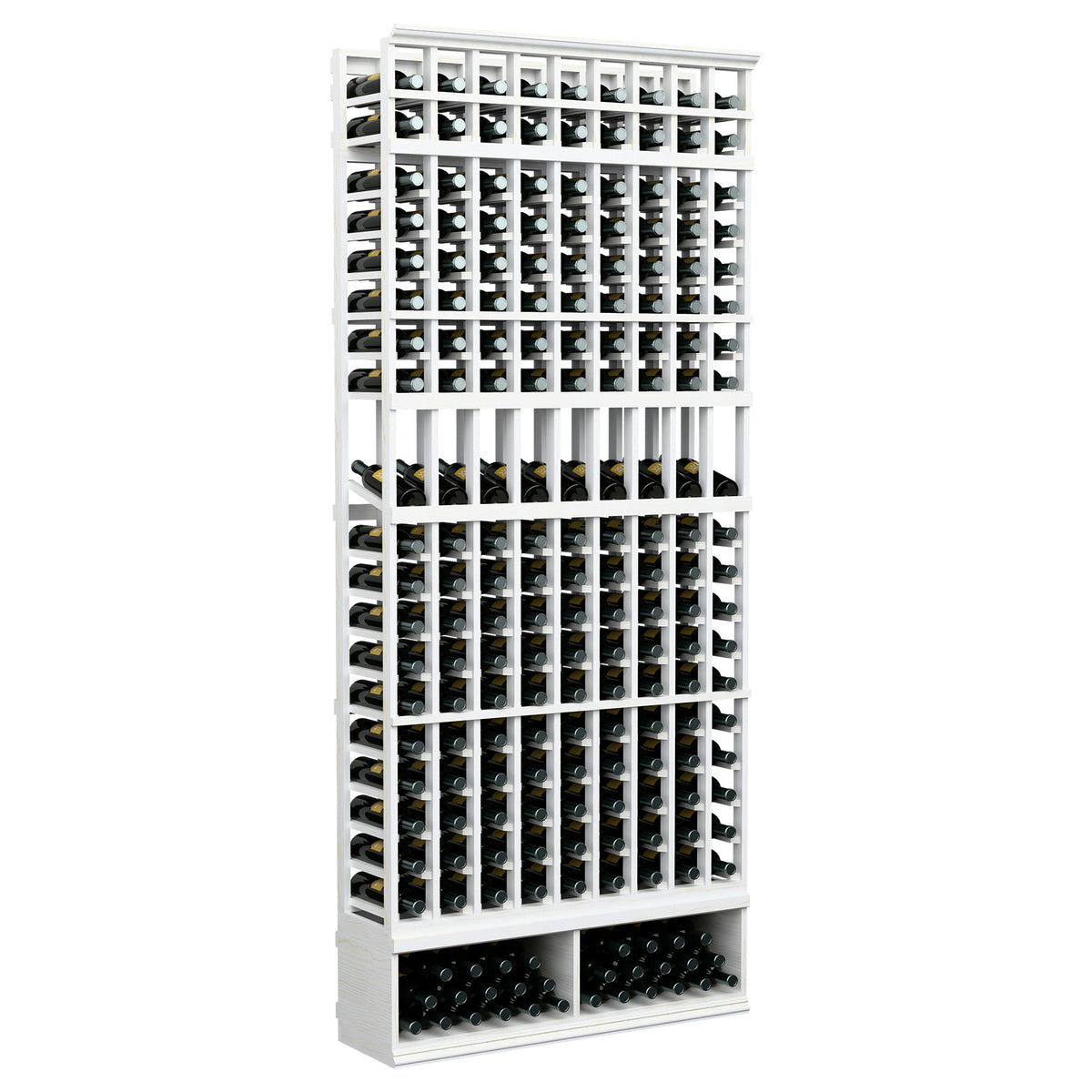 9-column wine bottle display rack, whitewashed wood frame with bottle compartments