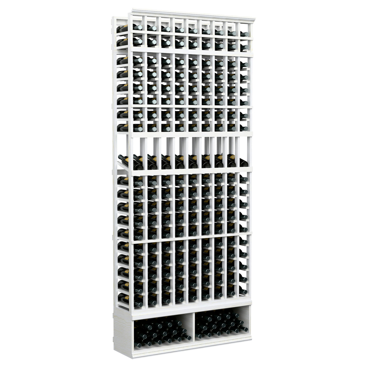 9-column wine bottle display rack, whitewashed wood with front bottle slots