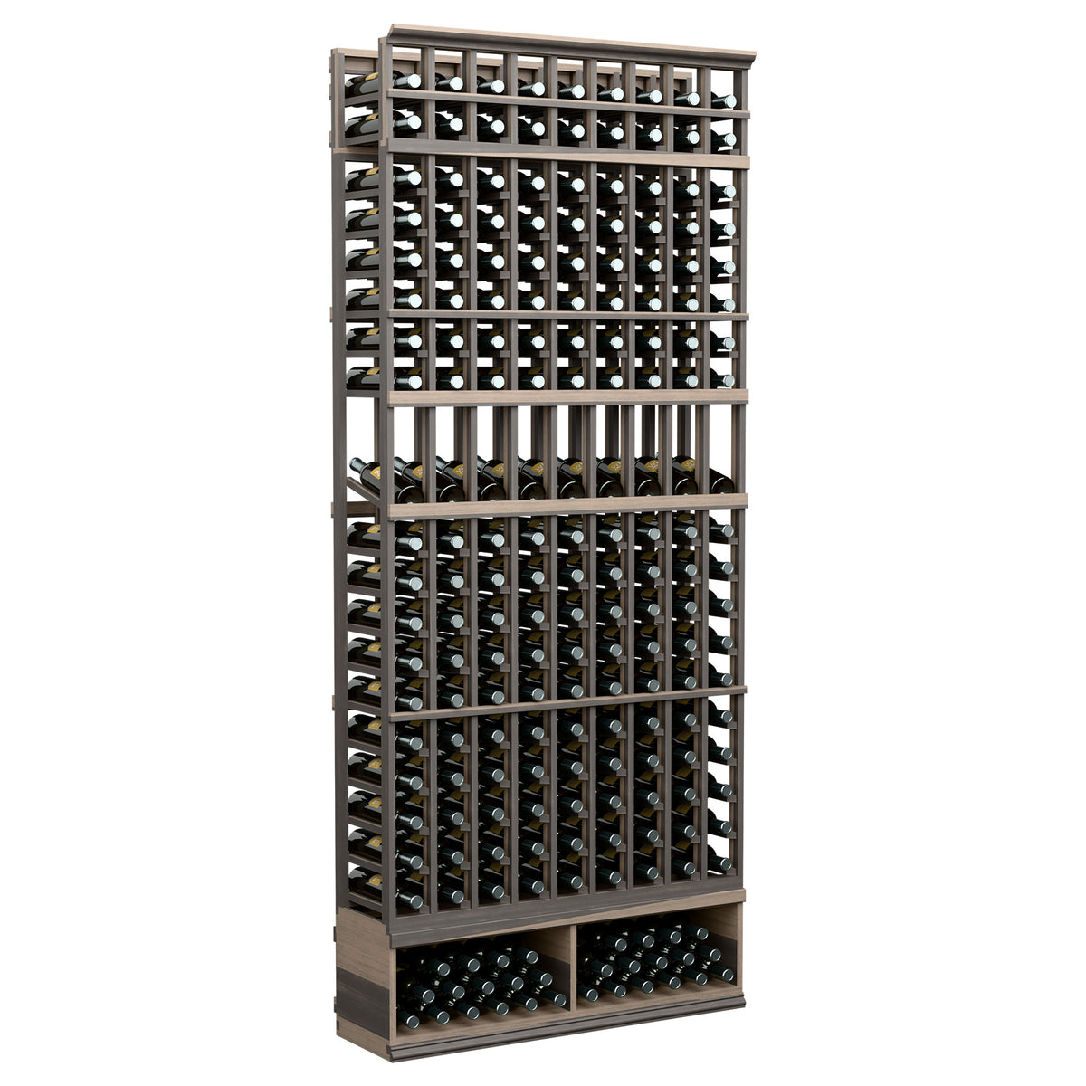 Dark-stained wooden wine display rack with 9 bottle columns, 8 ft height