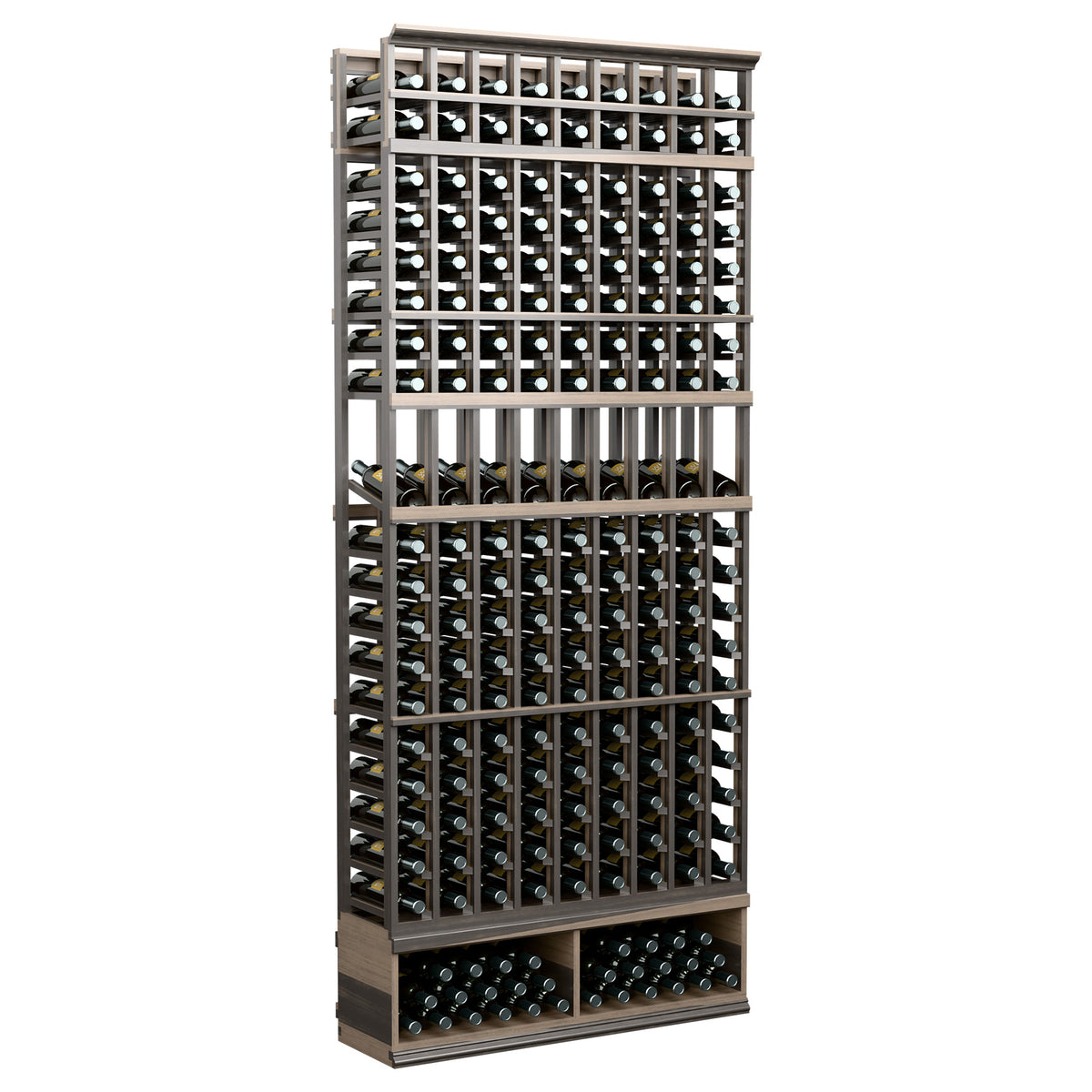 Dark-stained wooden wine rack with 9 bottle columns and front bottle rows, 8 ft