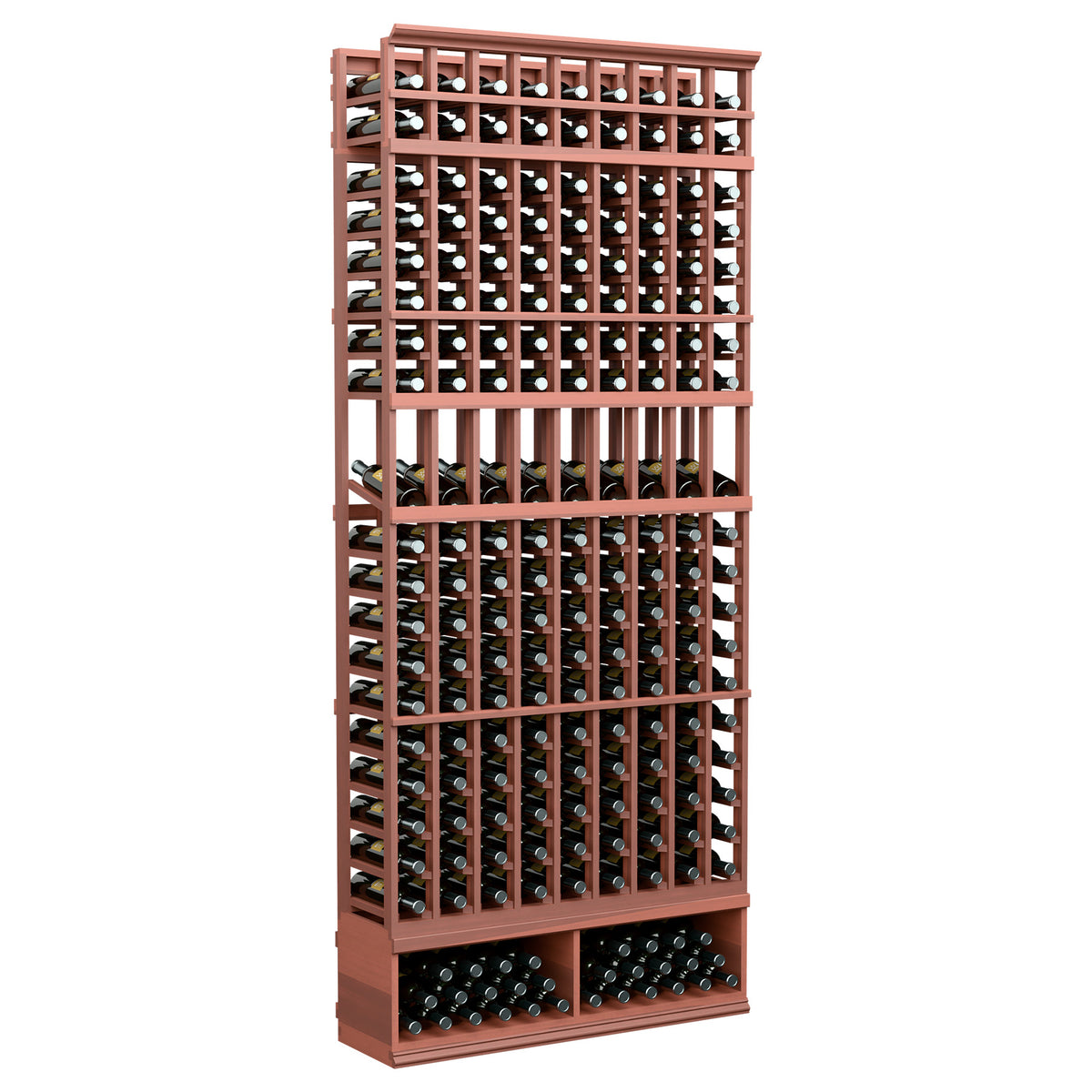 Red-brown stained wooden wine display rack with 9 bottle columns, 8 ft height