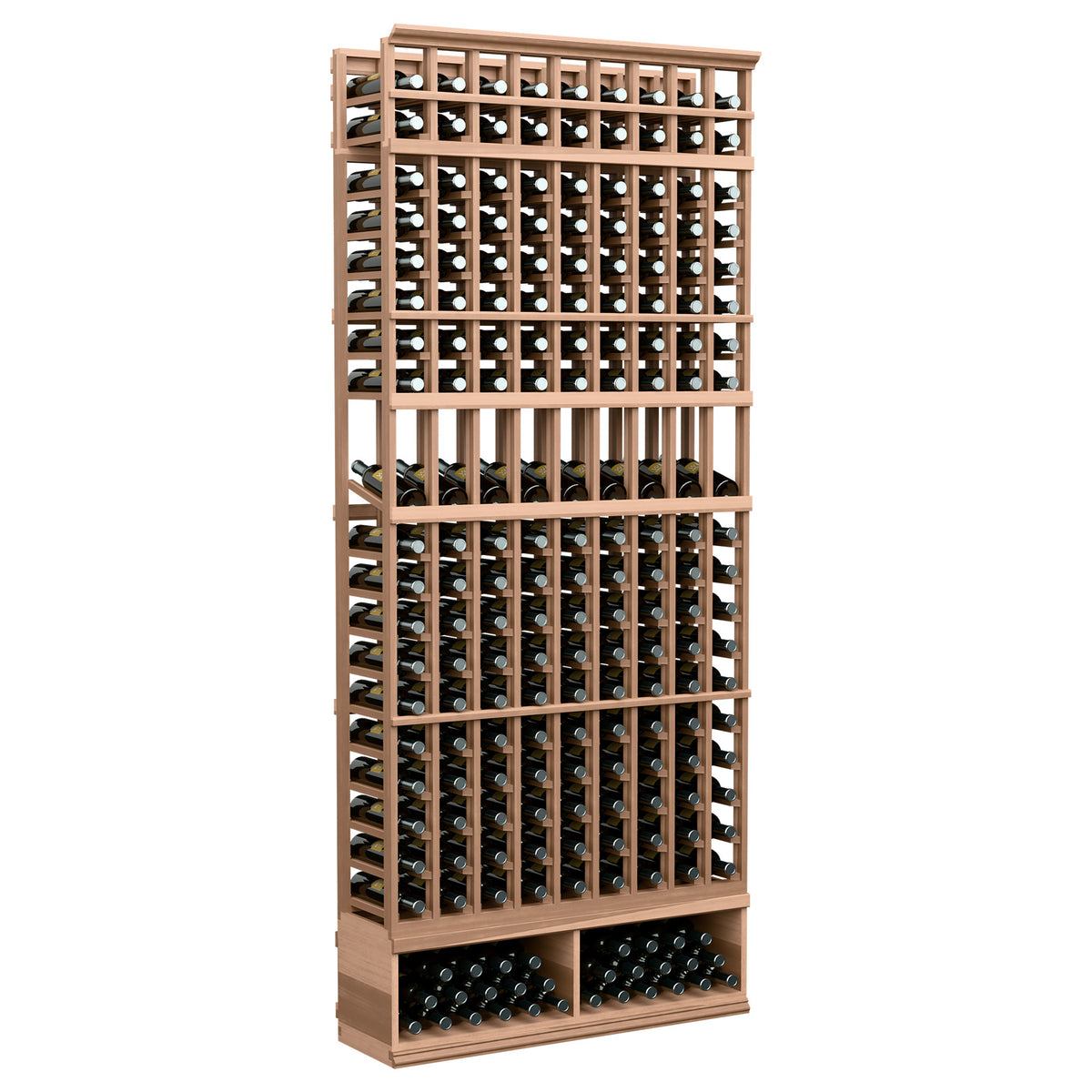 Light tan stained wooden wine display rack with 9 bottle columns, 8 ft height