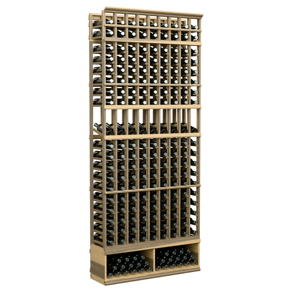 Warm light wood wine display rack with 9 bottle columns, 8 ft height