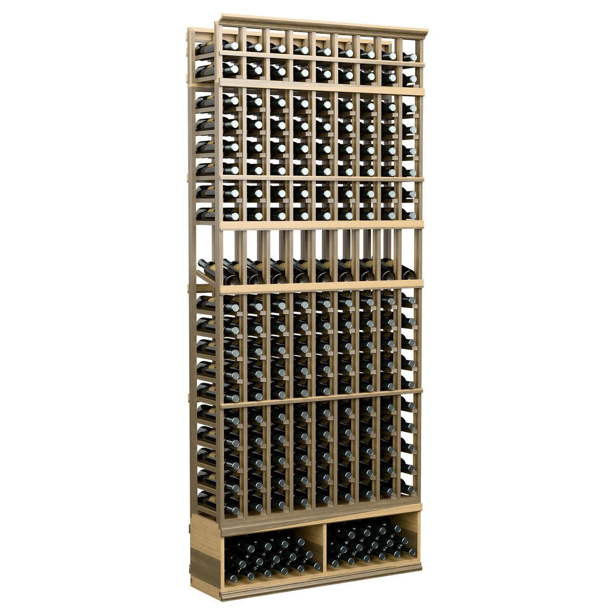 Warm light wood wine rack with 9 bottle columns and front bottle row compartments, 8 ft