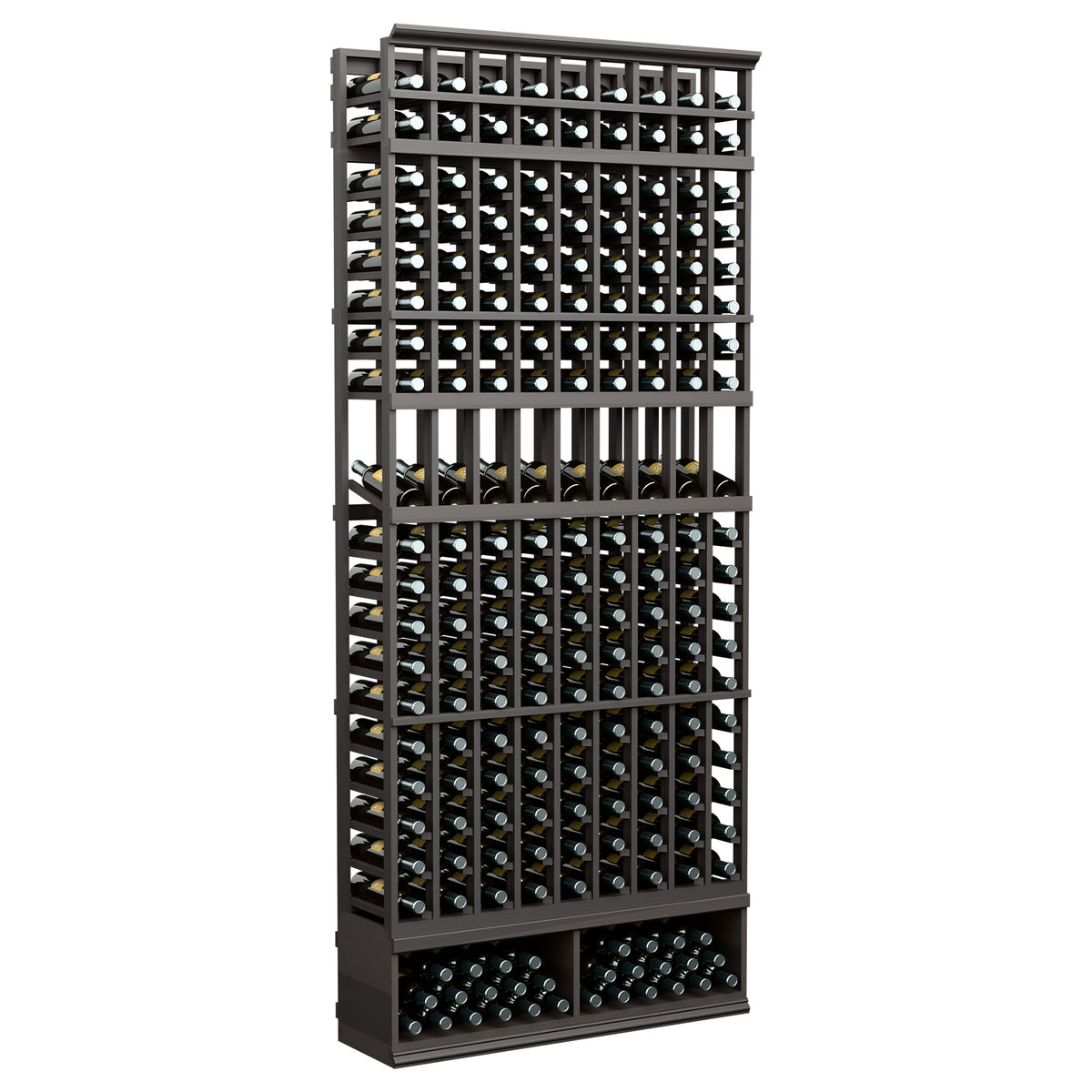 Dark stained wooden wine display rack with 9 bottle columns, 8 ft height