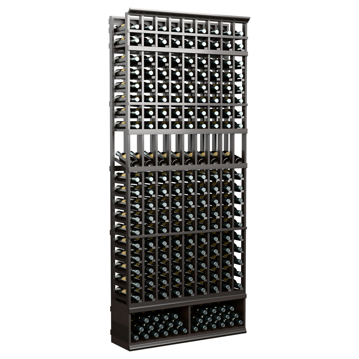 Dark stained wooden wine rack with 9 bottle columns and front bottle tray slots, 8 ft