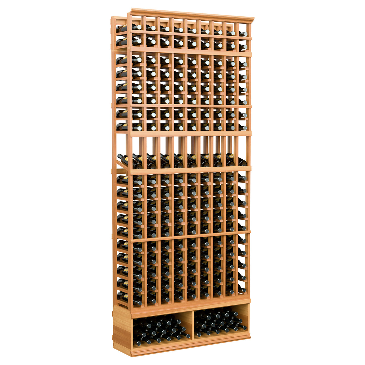 Wine bottle display rack with 9 columns, warm wood frame, front rows of bottle slots.