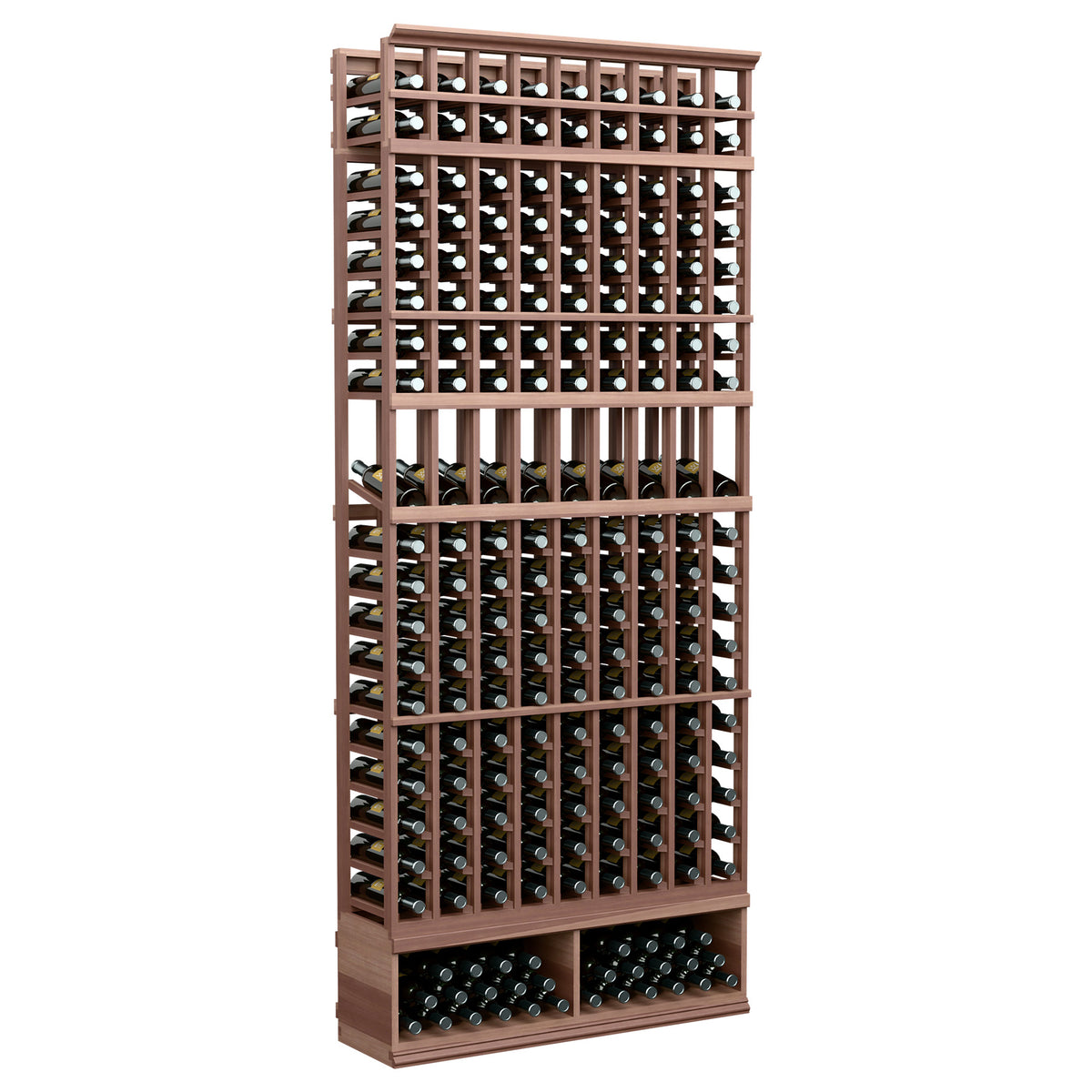 Wine bottle display rack with 9 columns, dark wood frame, front bottle grid rows.