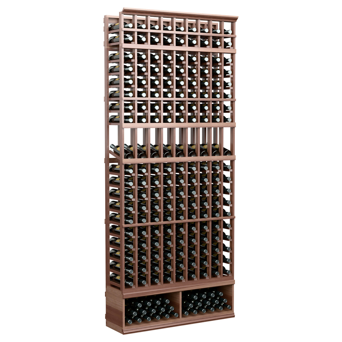 Wine bottle display rack with 9 columns, dark wood frame, visible bottle openings and bases.