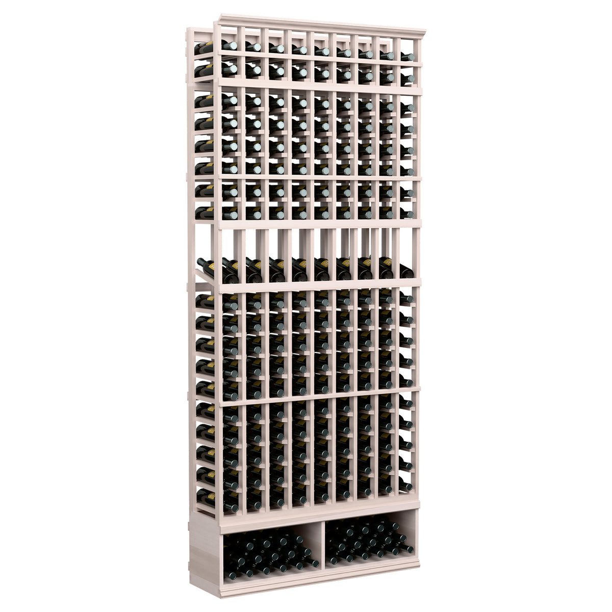 Wine bottle display rack with 9 columns, pale wood frame, front bottle grid rows.