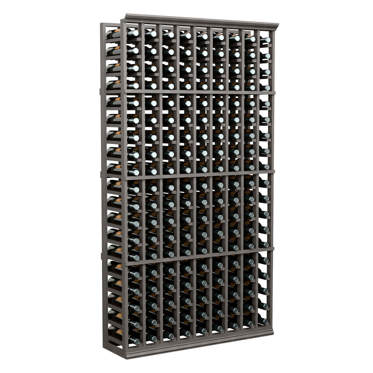 9-column standard wine bottle rack, dark frame with multiple bottles in front view.