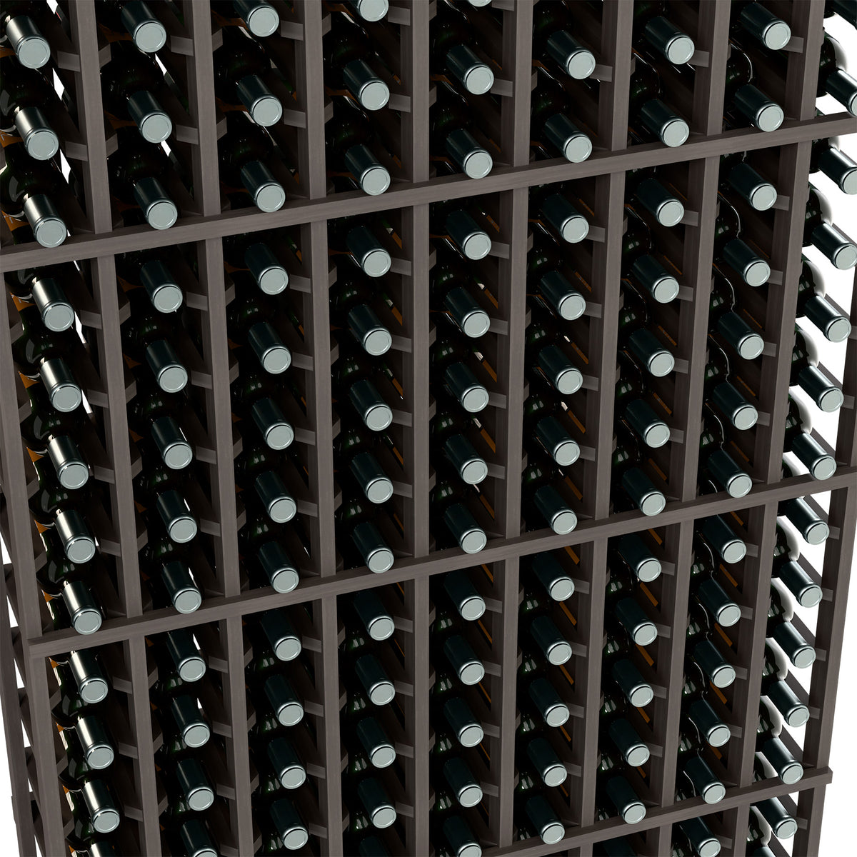 9-column wine bottle rack close-up showing rows of bottles in dark wooden cells.