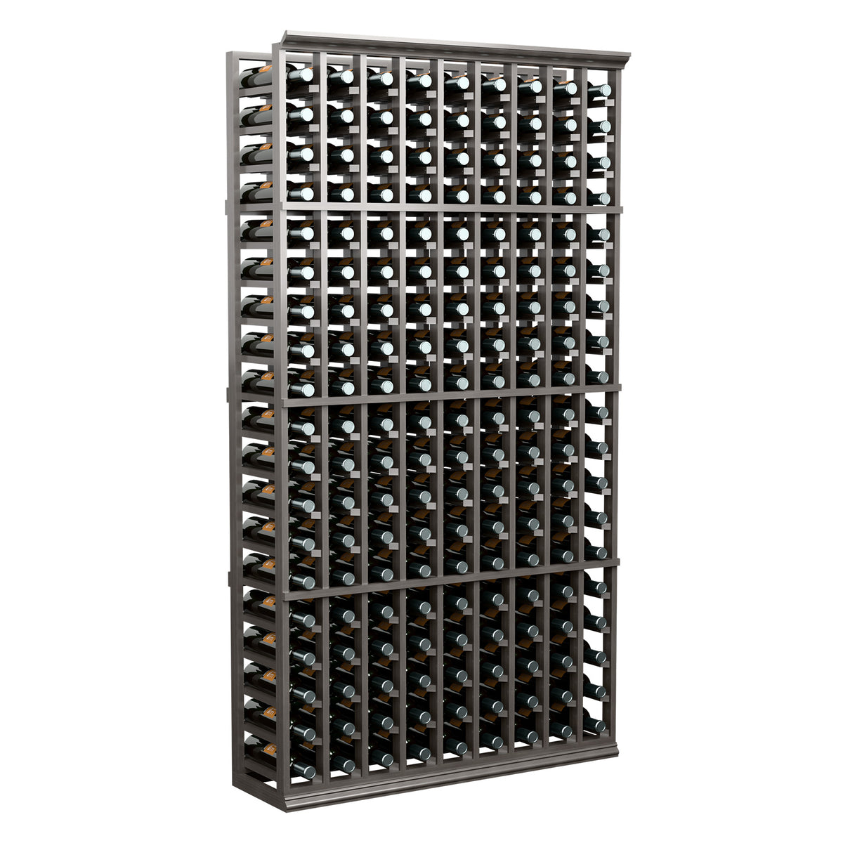 9-column standard wine bottle rack, dark frame with bottles, full standing view.