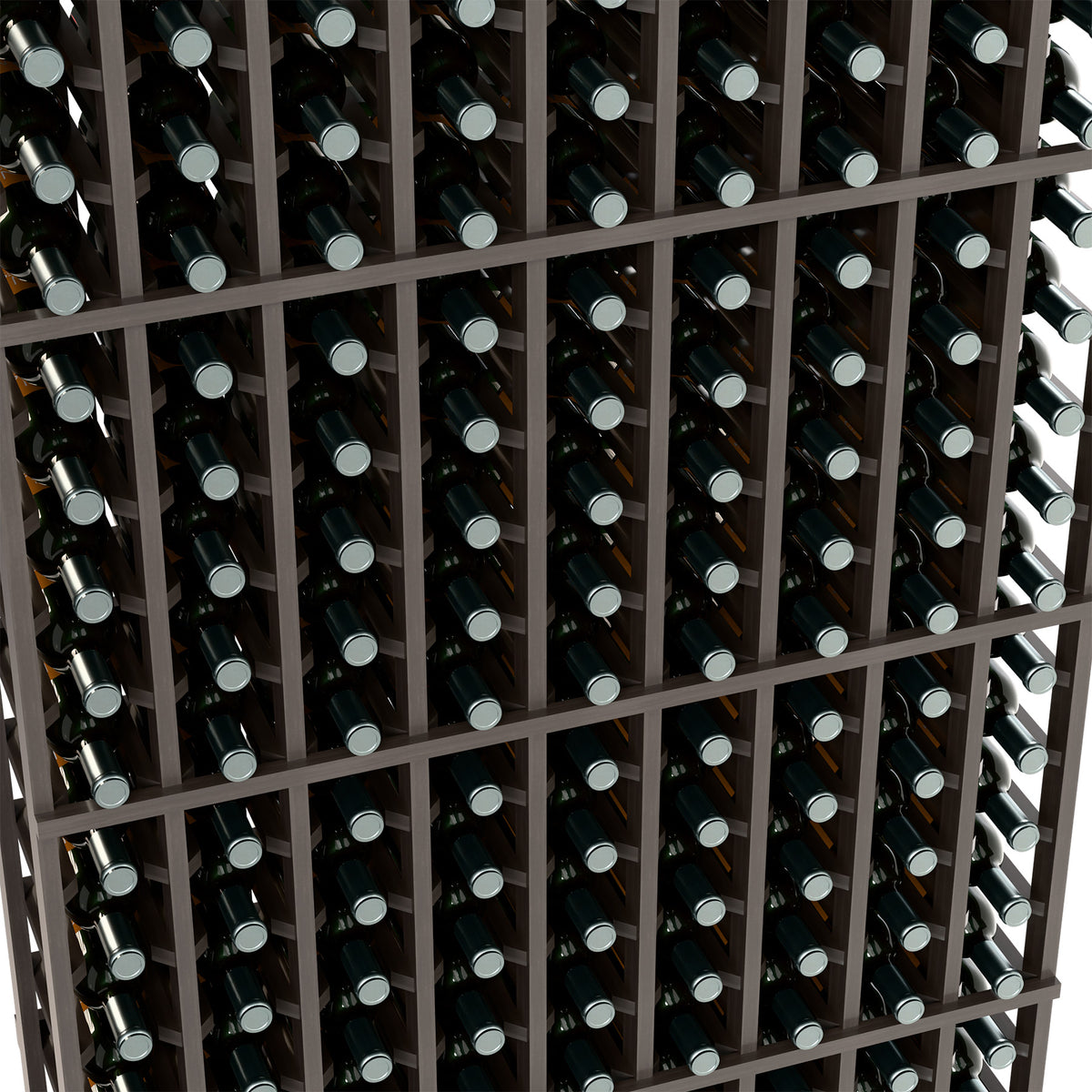 9-column wine bottle rack close-up showing bottles held in dark wooden grid.