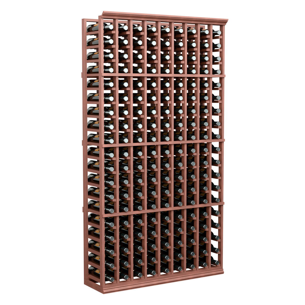 9-column standard wine bottle rack, reddish wood frame with bottles, full view.