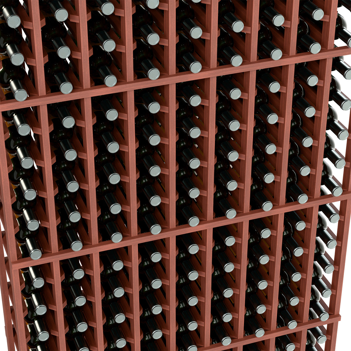 9-column wine bottle rack close-up with bottles in reddish wooden columns.