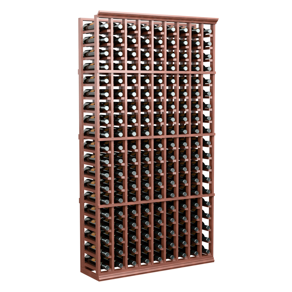 9-column standard wine bottle rack, reddish wood frame with bottle rows, front view.