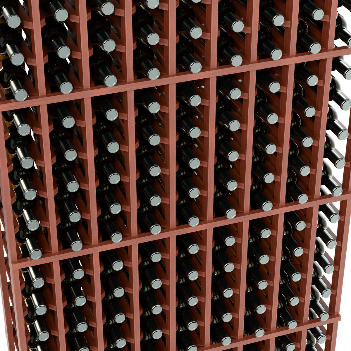 9-column wine bottle rack close-up showing bottles in reddish wooden compartments.