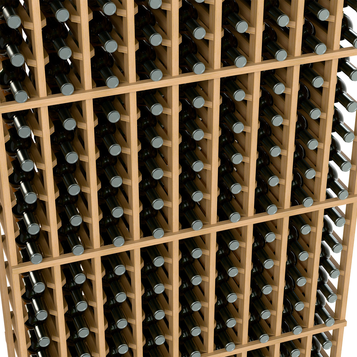 9-column wine bottle rack close-up with bottles in light wood grid compartments.
